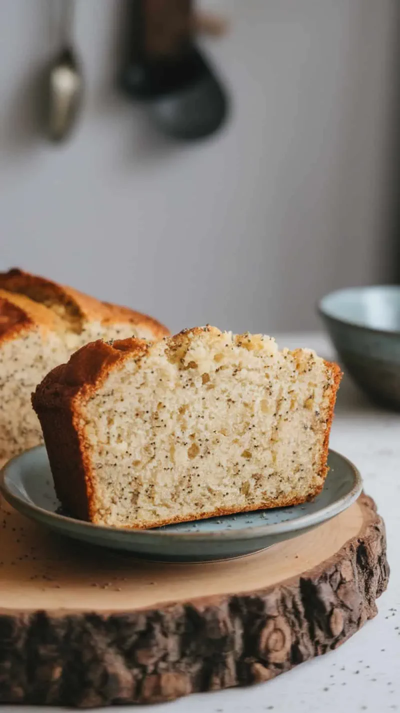 Slice of lemon poppy seed banana bread on a plate