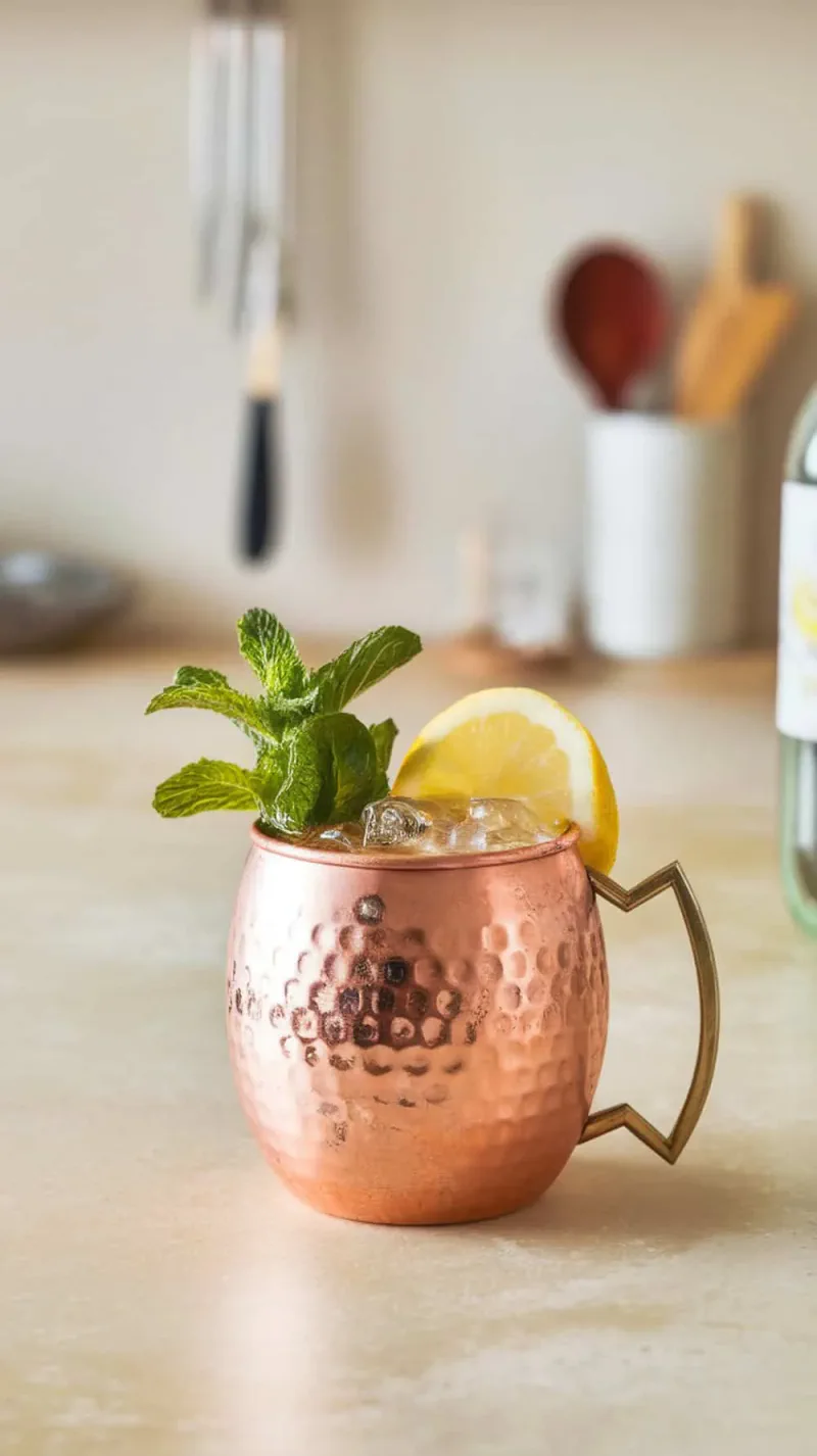 A copper mug filled with a Limoncello Mule cocktail, garnished with mint and lemon.