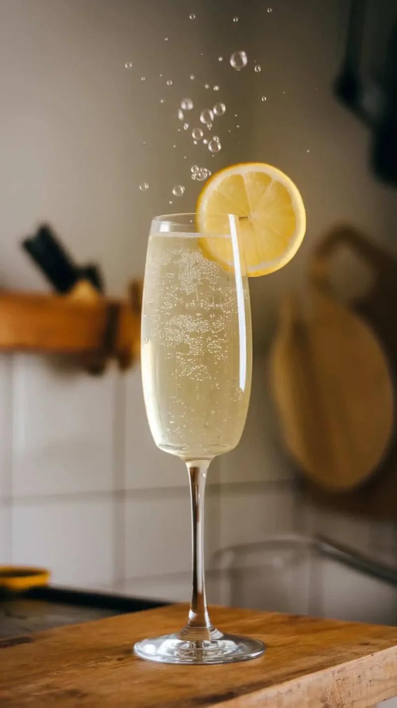 A sparkling limoncello cocktail served in a flute glass with a lemon slice on top.