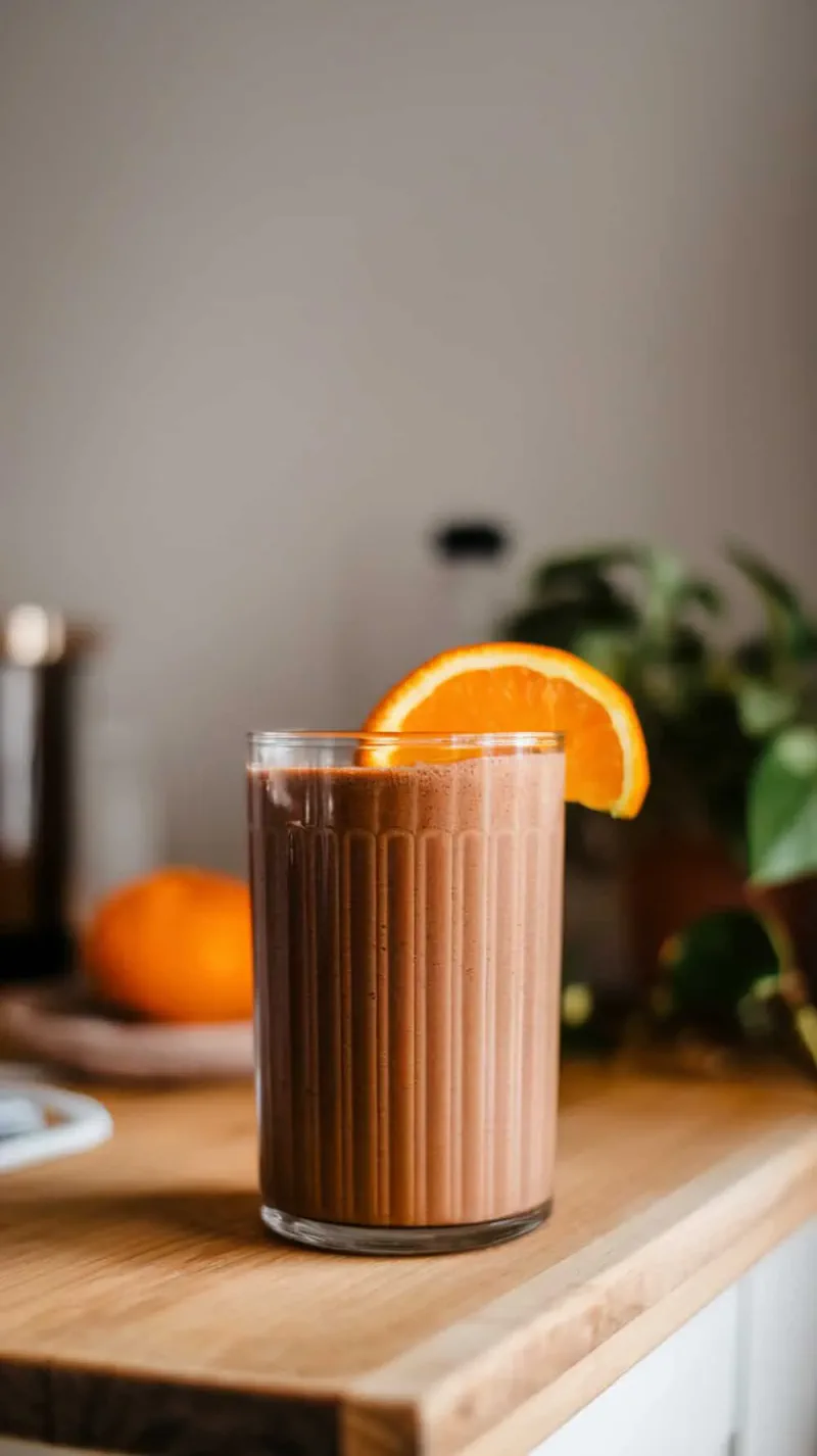 Chocolate orange protein shake with a slice of orange on the rim