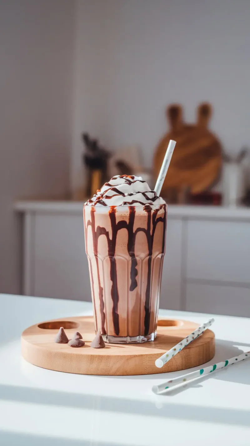 A delicious Double Chocolate Protein Shake topped with whipped cream and chocolate drizzle
