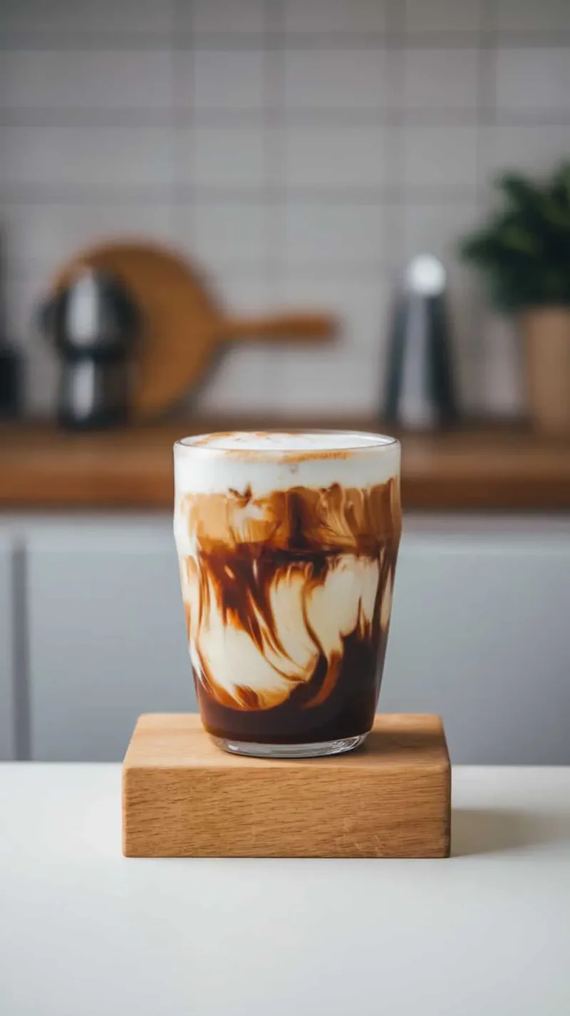 A glass of chocolate cream cold brew on a wooden coaster.