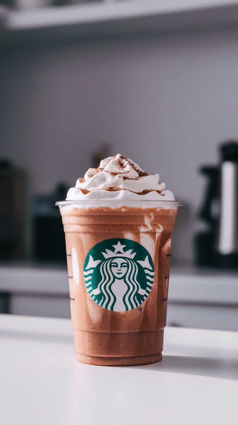 A Starbucks Copycat Chocolate Cinnamon Churro Frappuccino with whipped cream and cinnamon on top.