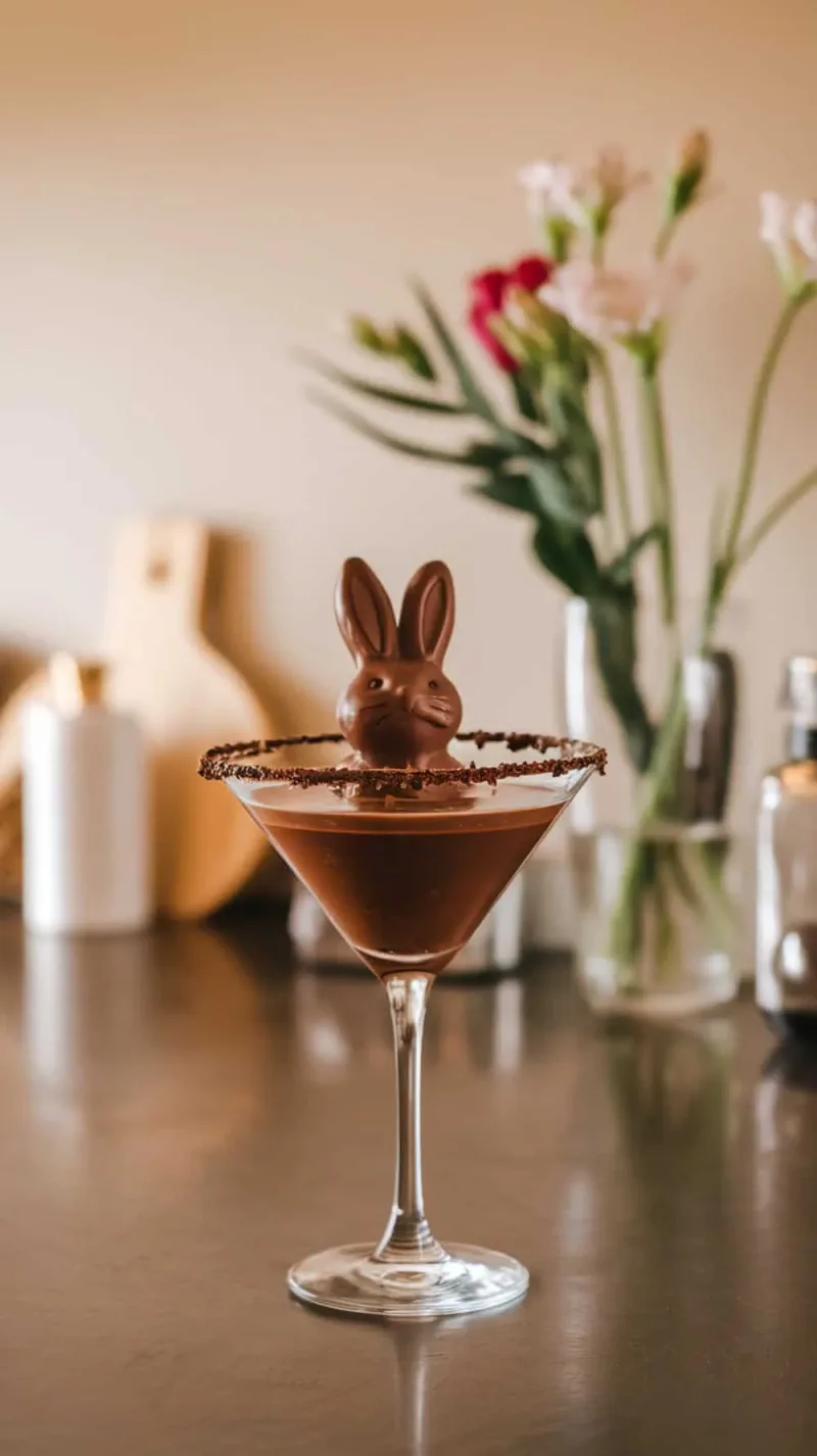 A Chocolate Bunny Martini with a chocolate bunny on top and flowers in the background.