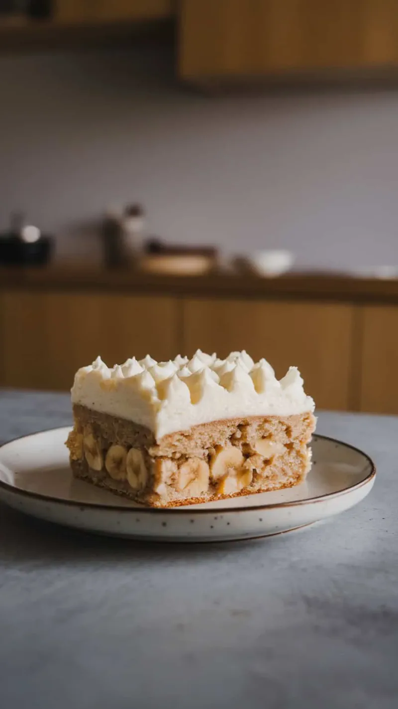Close-up of banana bars with cream cheese frosting on a plate.