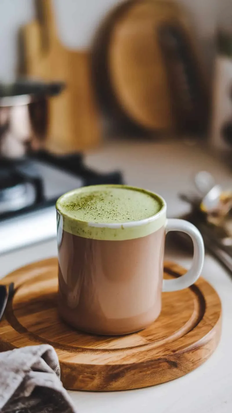 A cozy cup of matcha hot chocolate on a wooden coaster