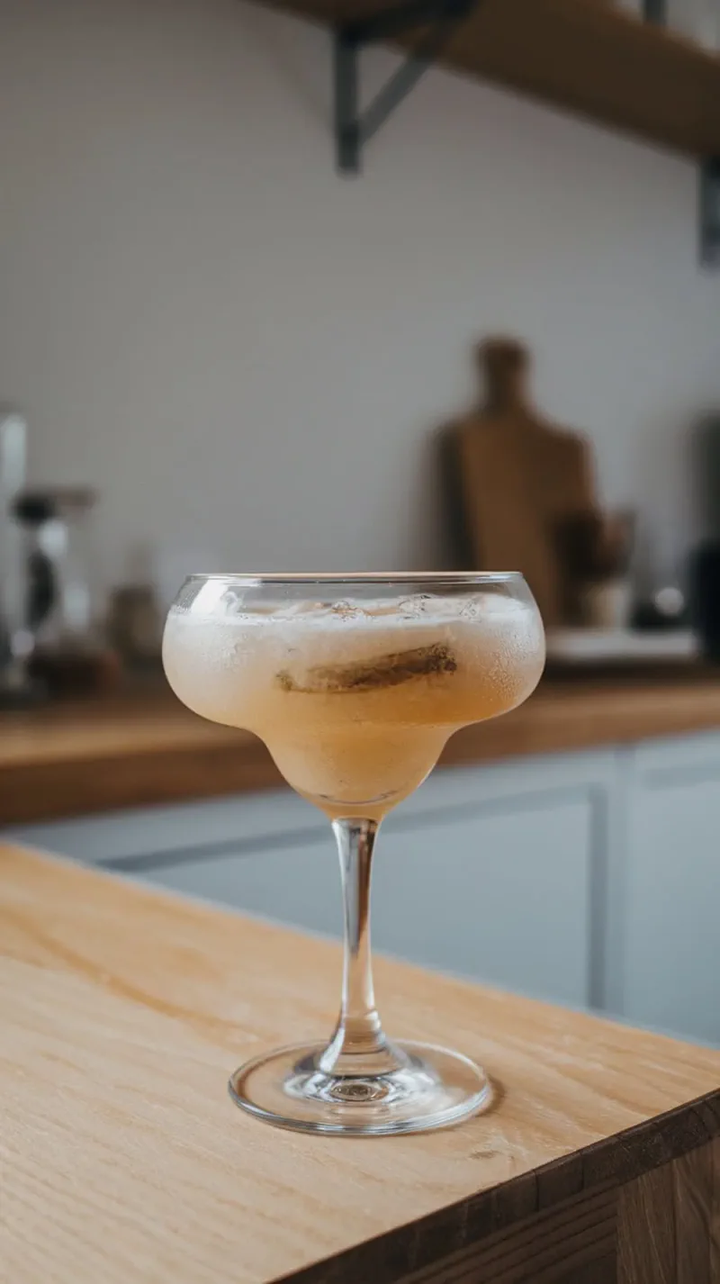 A frozen banana daiquiri in a glass on a wooden countertop.