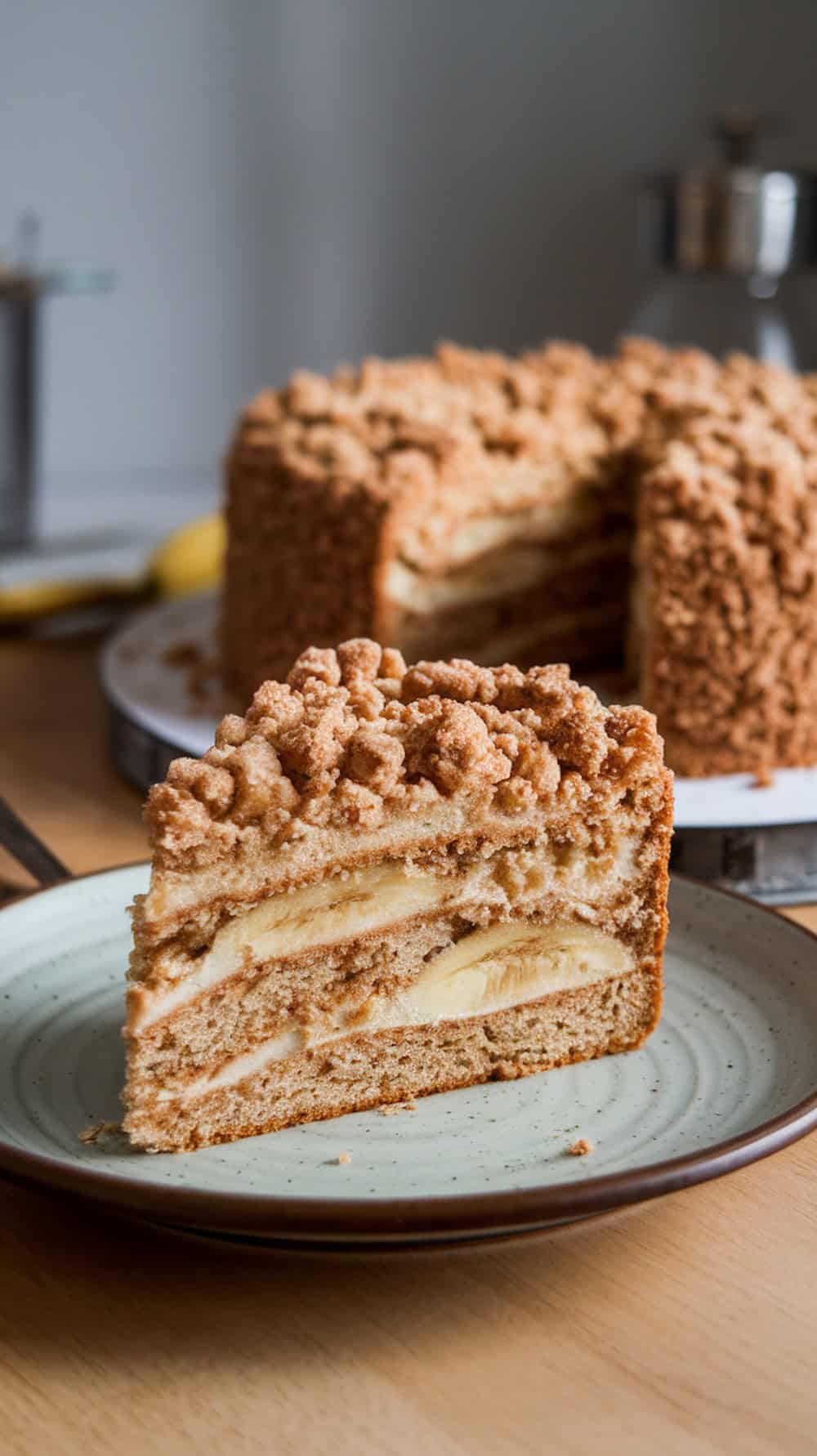 Slice of banana coffee cake on a plate with a crumb topping