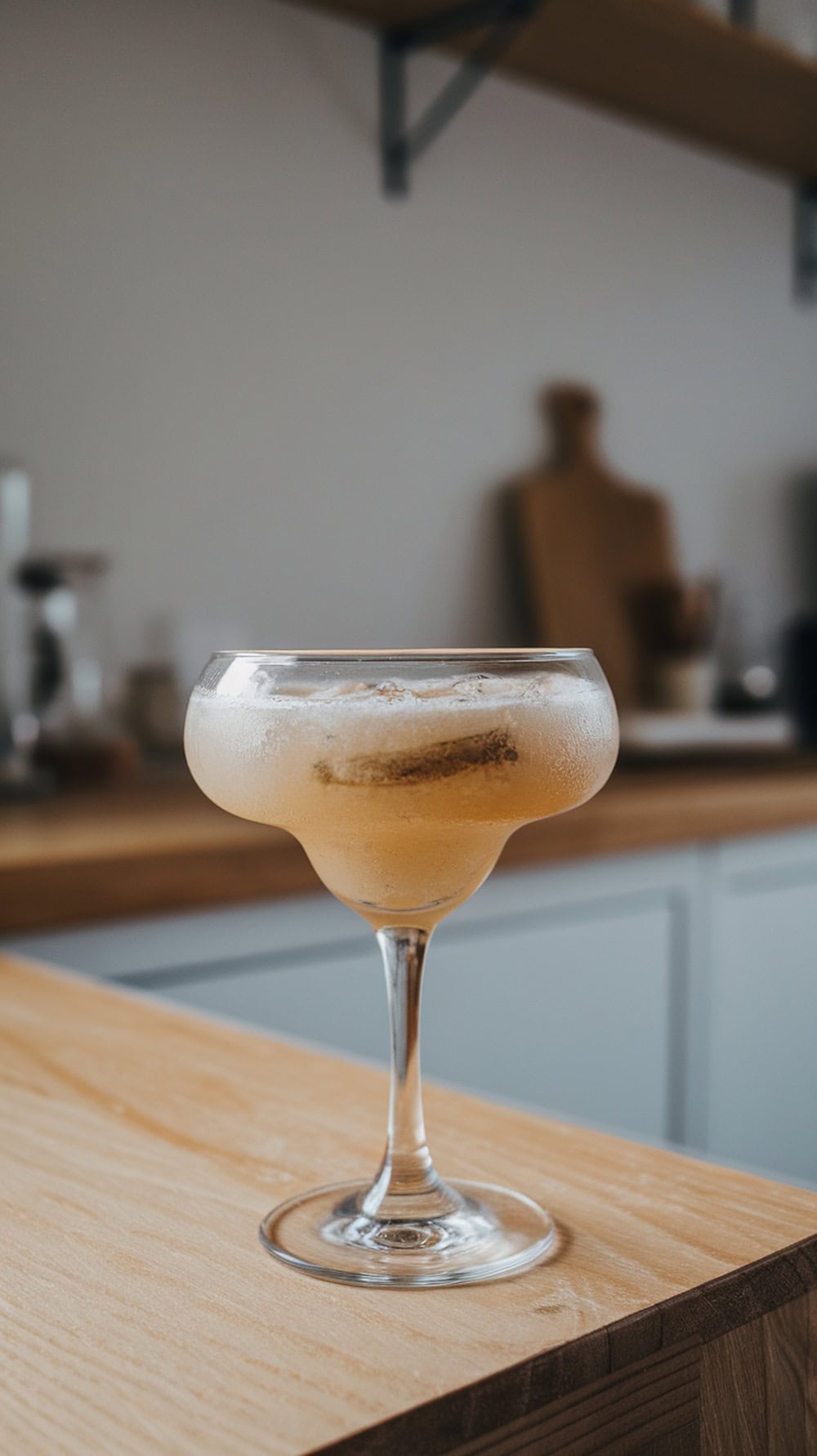 A frozen banana daiquiri in a glass on a wooden countertop.
