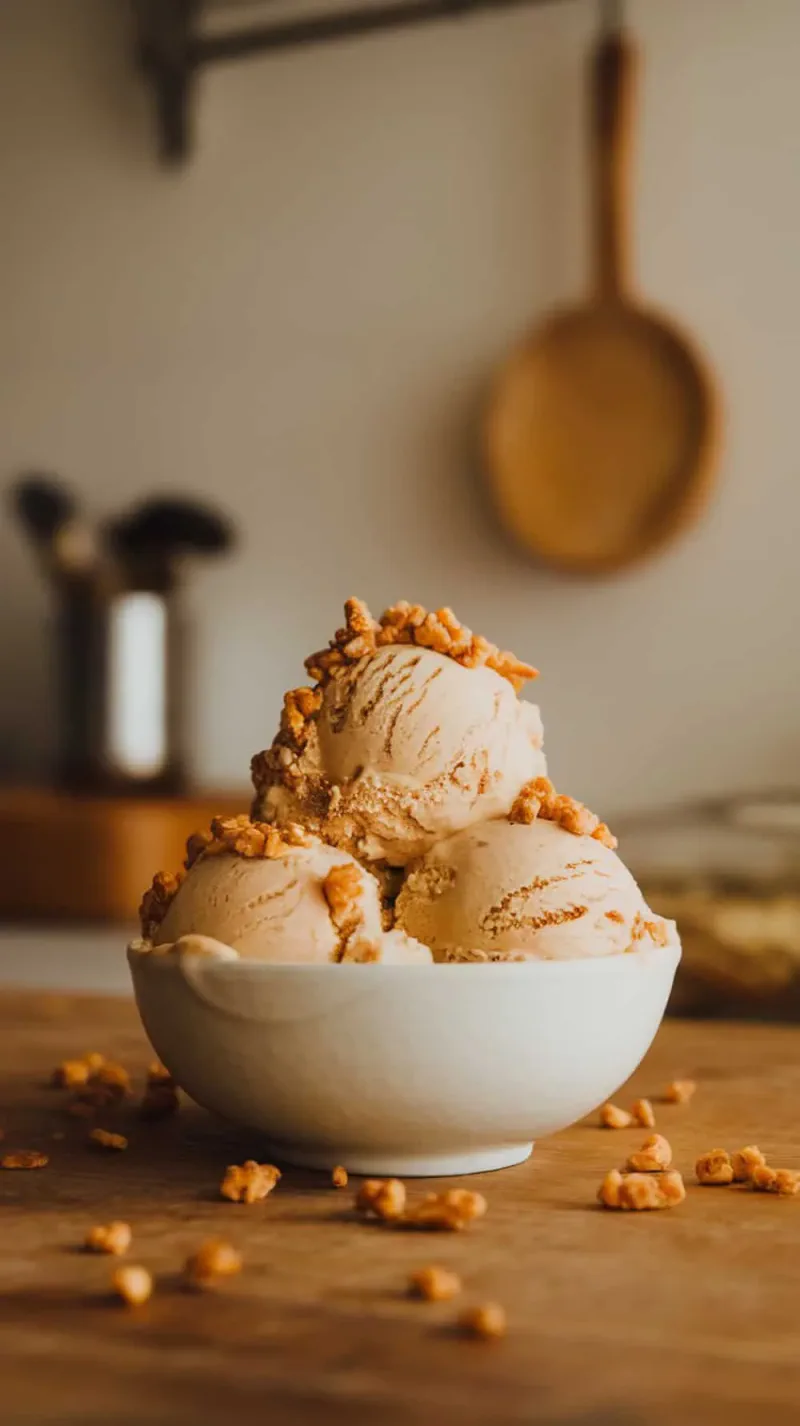 A bowl of Maple Crunch Coffee Ice Cream topped with crunchy bits.