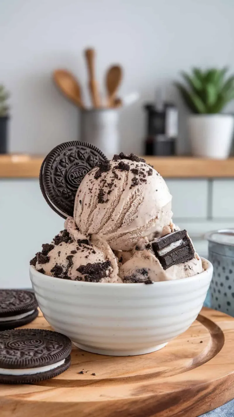 A bowl of Oreo Crumble Coffee Ice Cream with Oreo cookies on the side.
