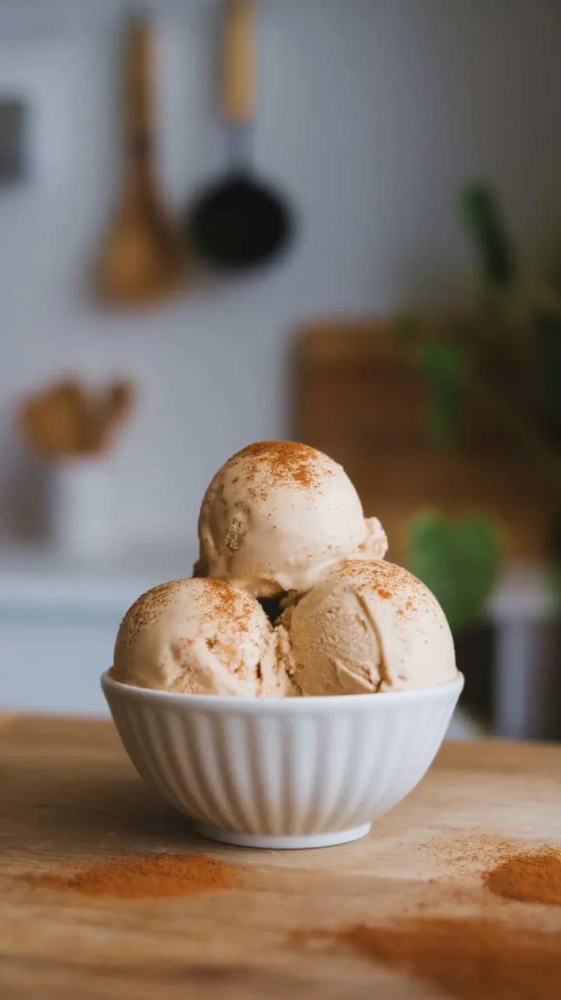 A bowl of pumpkin spice coffee ice cream with a sprinkle of cinnamon on top.