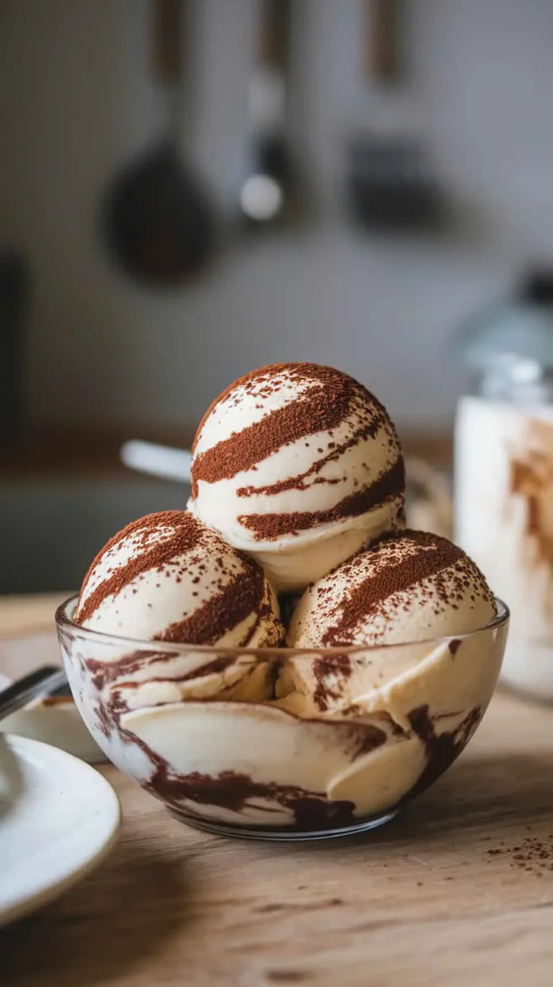 A bowl of tiramisu swirl coffee ice cream with a creamy texture and chocolate dusting.