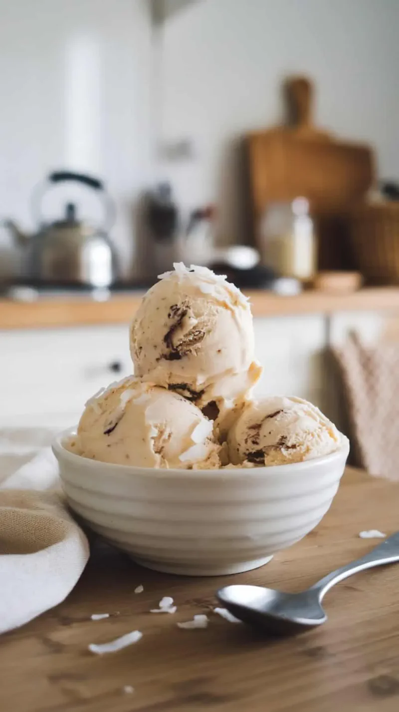 A bowl of toasted coconut coffee ice cream with three scoops.