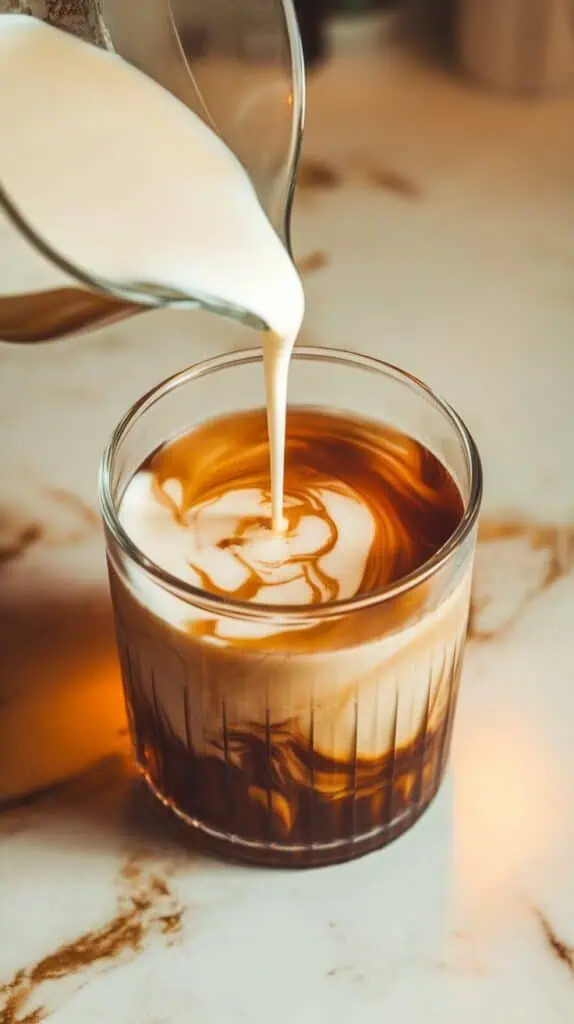 milk being poured into a glass of black tea and brown sugar syrup, swirling into a light caramel color