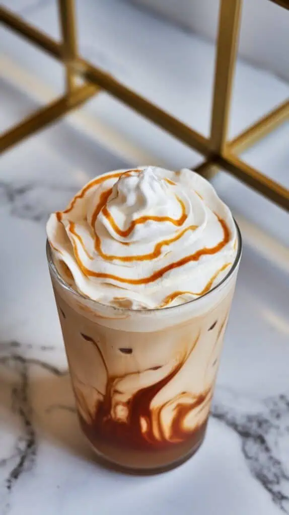  a tall glass filled with iced milk tea swirled with brown sugar syrup, topped with a thick layer of fluffy whipped dalgona coffee, with visible golden streaks