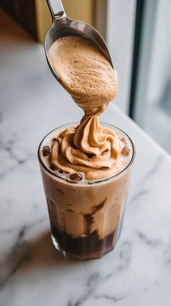 thick whipped dalgona coffee being spooned onto the top of iced brown sugar milk tea, creating a fluffy layer
