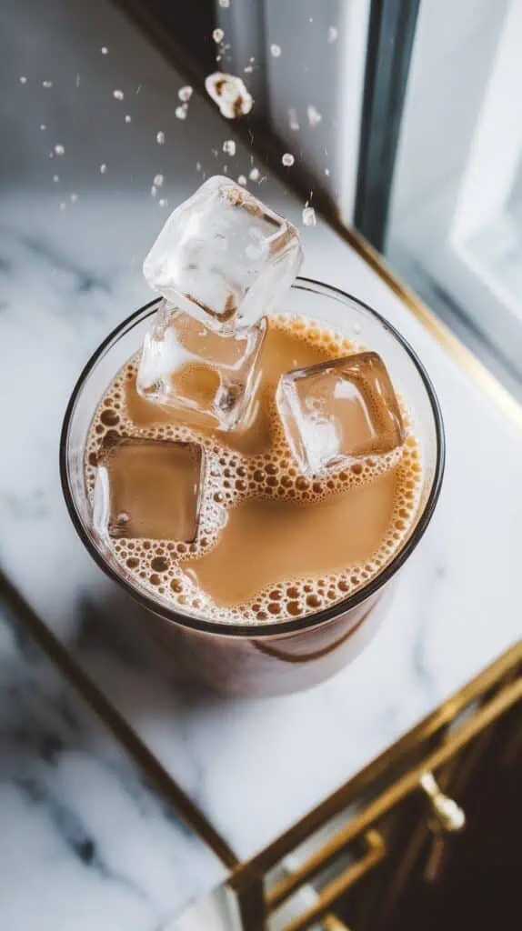 clear ice cubes being dropped into the milk tea mixture, creating tiny splashes and bubbles