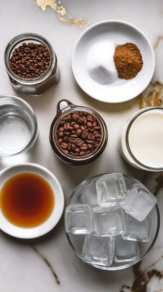  ingredients for brown sugar dalgona milk tea: instant coffee granules on a small white plate, granulated sugar on a small white plate, hot water in a clear glass jar, cooled black tea in a clear glass jar, milk in another clear glass jar, brown sugar syrup on a small white plate, and clear ice cubes in a shallow clear dish.