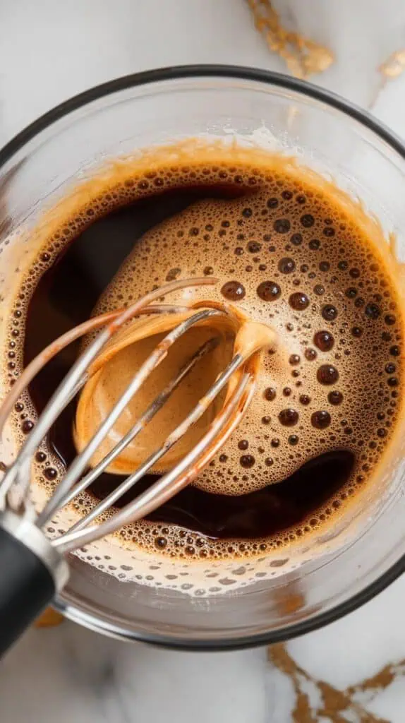 instant coffee, sugar, and hot water being whipped into a thick, foamy dalgona coffee mixture with soft peaks