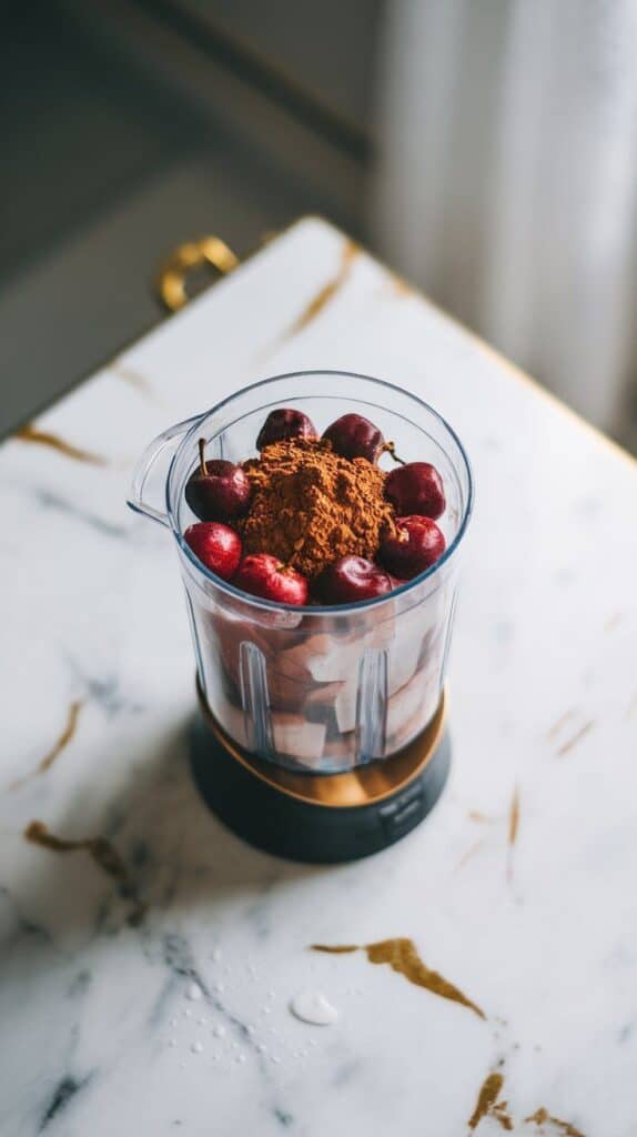 chocolate protein powder and cocoa powder sitting on top of frozen cherries inside blender cup