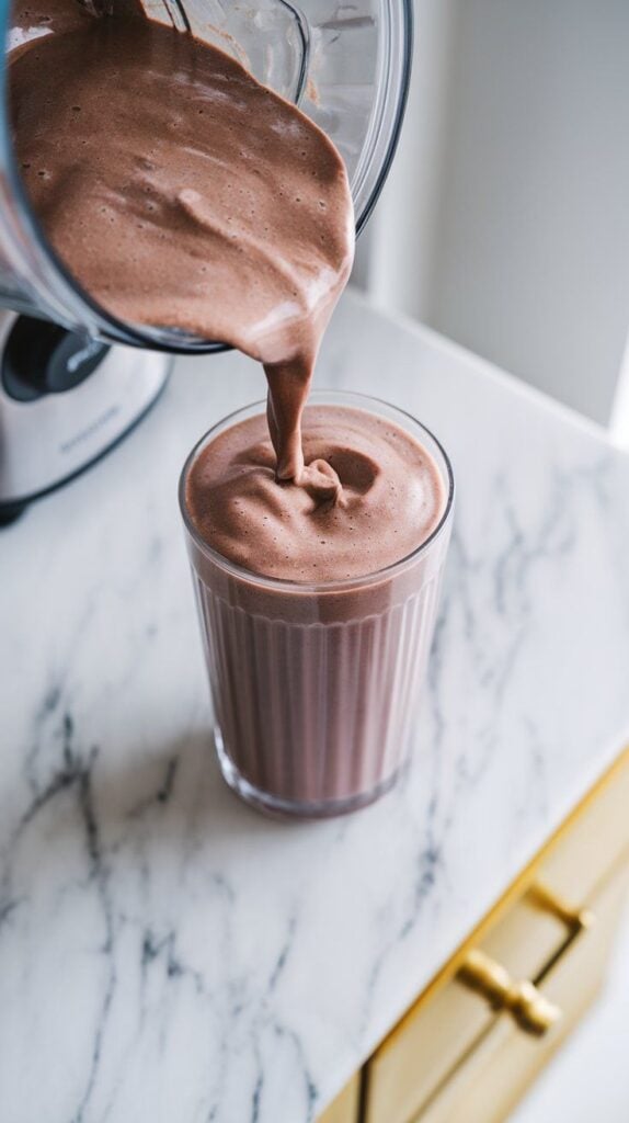 thick cherry chocolate protein shake being poured from blender into a tall glass, creamy texture and dark color