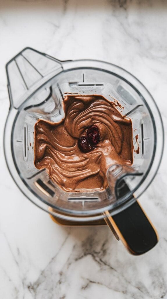 blender blending thick cherry chocolate shake mixture, dark and creamy texture swirling inside