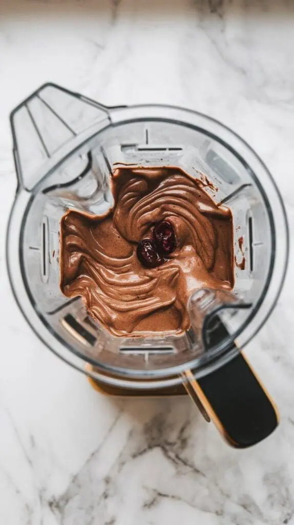 blender blending thick cherry chocolate shake mixture, dark and creamy texture swirling inside