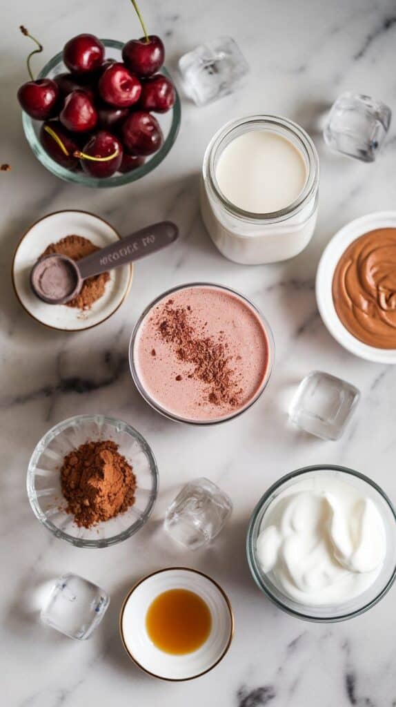 cherry chocolate protein shake ingredients on white marble countertops with hints of gold