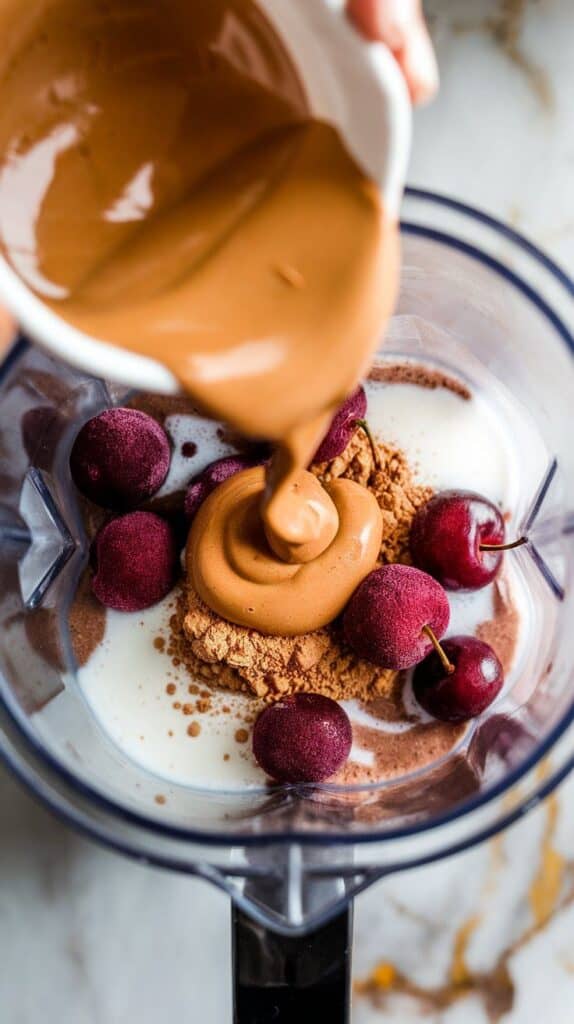 peanut butter added to the blender mix with a few drops of vanilla extract on top