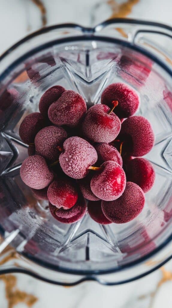 frozen cherries dropped into a blender, deep red color, icy and plump
