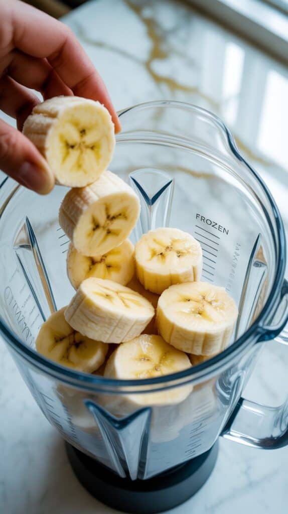  frozen banana slices being added to a blender cup, slightly frosty and pale yellow in color.