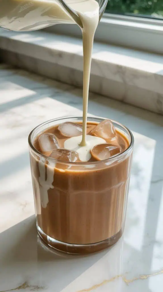 milk and vanilla being poured over the other smoothie ingredients, with ice cubes resting on top