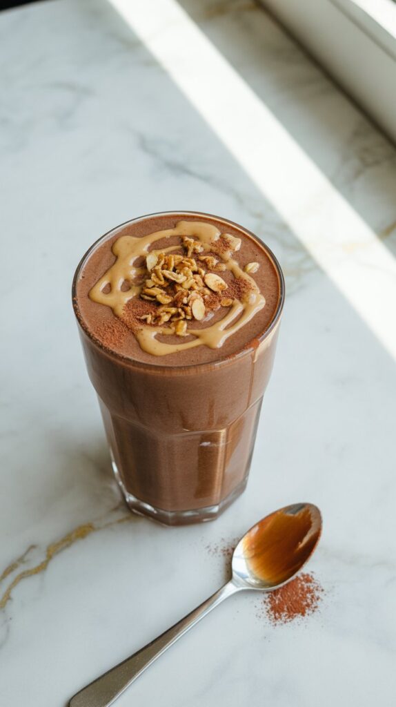a tall clear glass filled with a thick, chocolate almond butter smoothie, topped with granola, a drizzle of almond butter, and a dusting of cocoa powder. A spoon is resting next to the glass with a small drip of smoothie on it.
