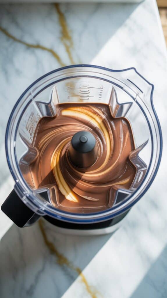  thick chocolate smoothie spinning inside the blender, showing a smooth swirl at the top with hints of banana and almond butter blending in.