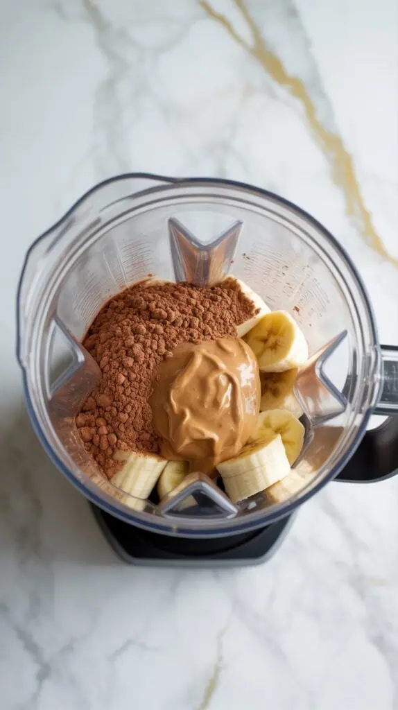 cocoa powder, creamy almond butter, and maple syrup layered on top of frozen bananas inside the blender