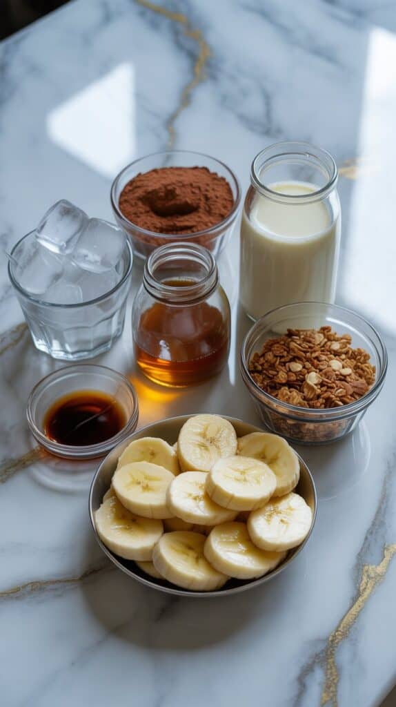 ingredients for chocolate almond butter crunch smoothie: frozen banana slices on a small clear glass plate, cocoa powder in a tiny clear dish, almond butter on a small clear plate, maple syrup on a second clear plate, milk in a clear glass jar, granola in a small clear bowl, vanilla extract on a tiny clear plate, and clear ice cubes in a shallow clear dish