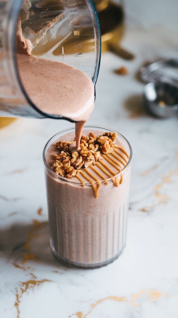 smoothie being poured into a tall glass, topped with granola clusters and almond butter drizzled in a zigzag on top