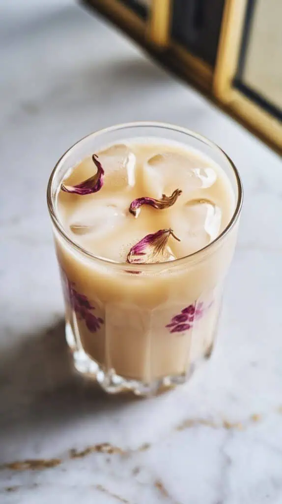  glass filled with pale yellow chrysanthemum soy milk tea, chilled with clear ice cubes and soft floral tones