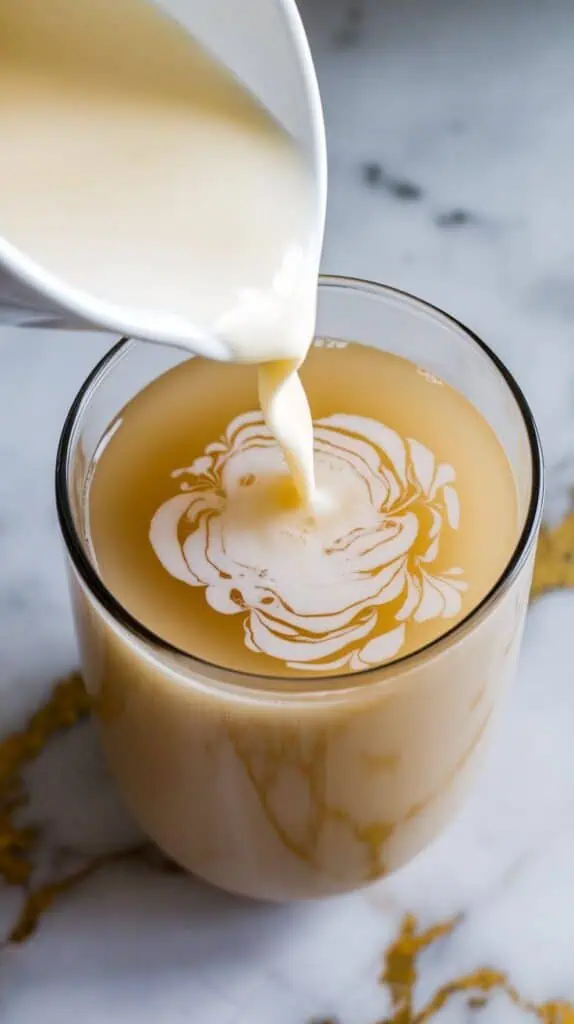 soy milk being poured into cooled chrysanthemum tea, forming creamy swirls and a pale yellow color