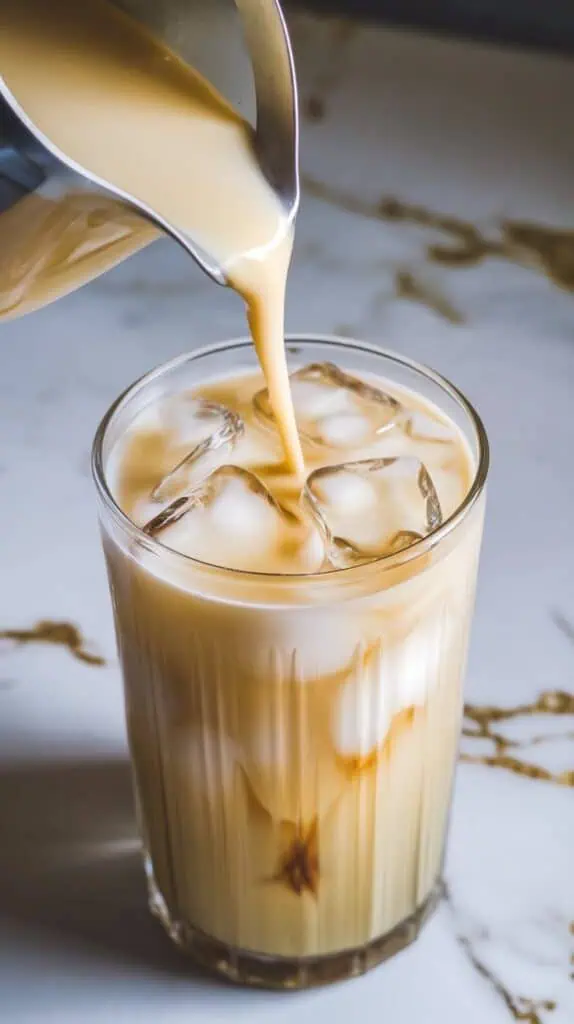 pale yellow chrysanthemum soy milk tea being poured over clear ice cubes in a tall glass, light and floral with subtle texture