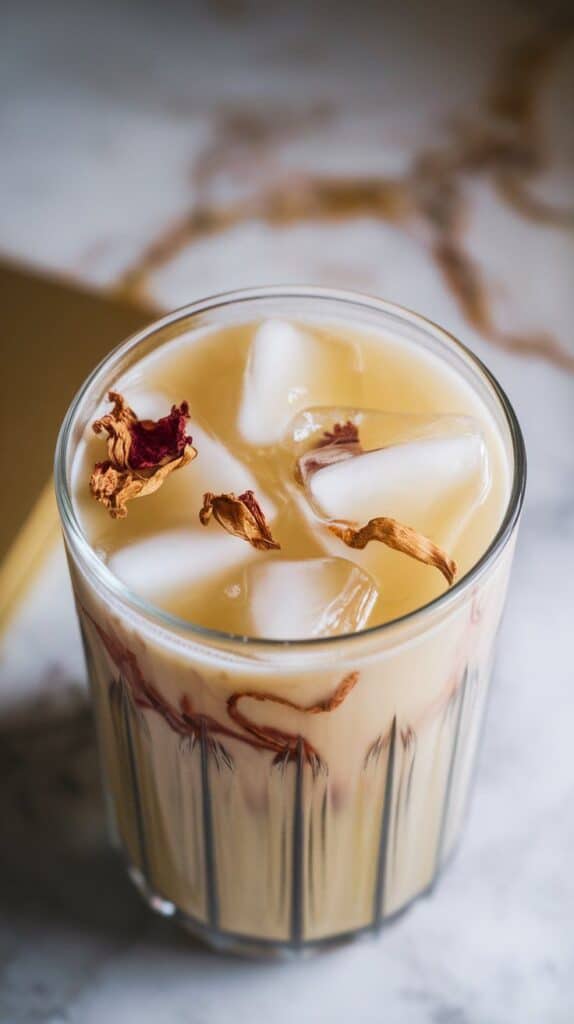 Chrysanthemum Soy Milk Tea – Fragrant chrysanthemum flowers brewed into tea and mixed with chilled soy milk.