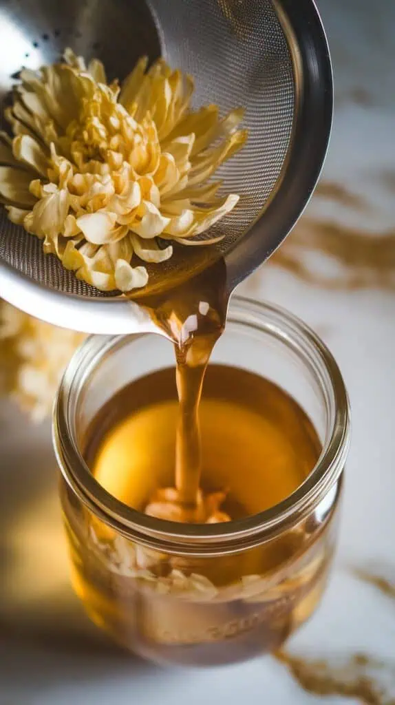 chrysanthemum tea being poured through a fine strainer into a clear jar, soft golden color and petals separated