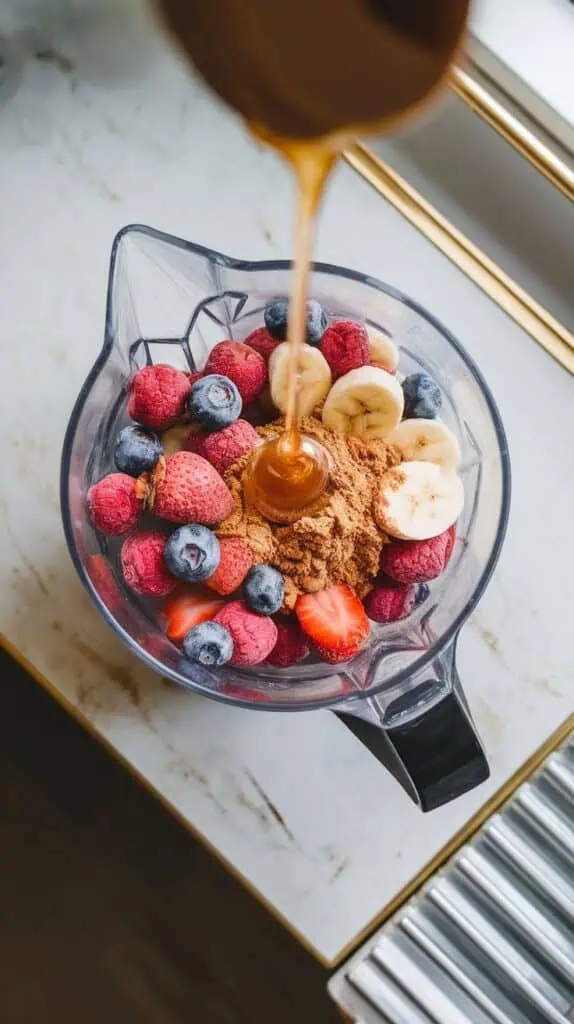 1 tablespoon honey drizzling into the blender and a handful of clear ice cubes being added, honey forming a golden swirl, ice catching the light