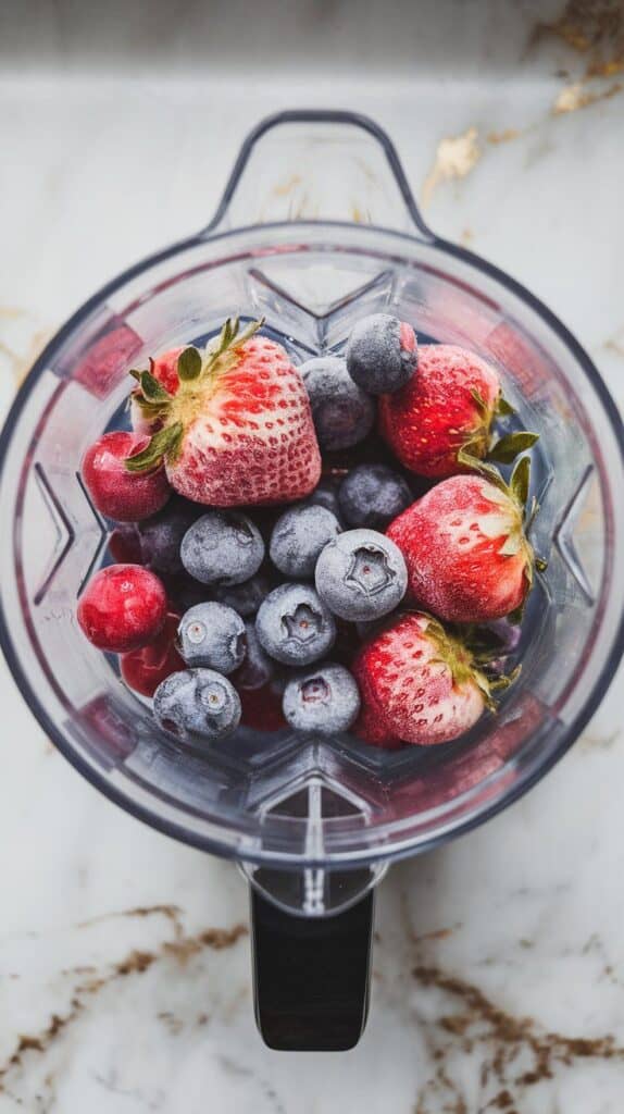  1/2 cup frozen strawberries and 1/2 cup frozen blueberries being added into the blender, berries frosty and vibrant, white marble counters with hints of gold, with all-natural lighting