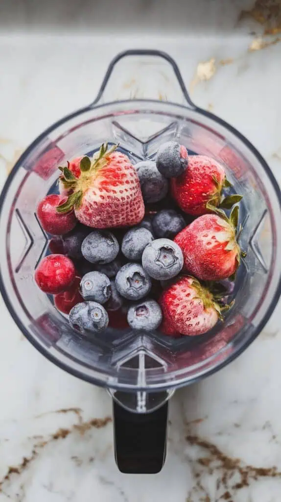  1/2 cup frozen strawberries and 1/2 cup frozen blueberries being added into the blender, berries frosty and vibrant, white marble counters with hints of gold, with all-natural lighting