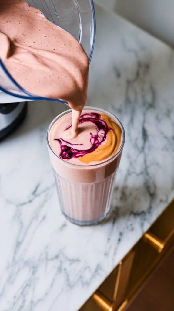 smoothie being poured from blender into a tall glass, thick and creamy with a marbled swirl of berry and peanut butter