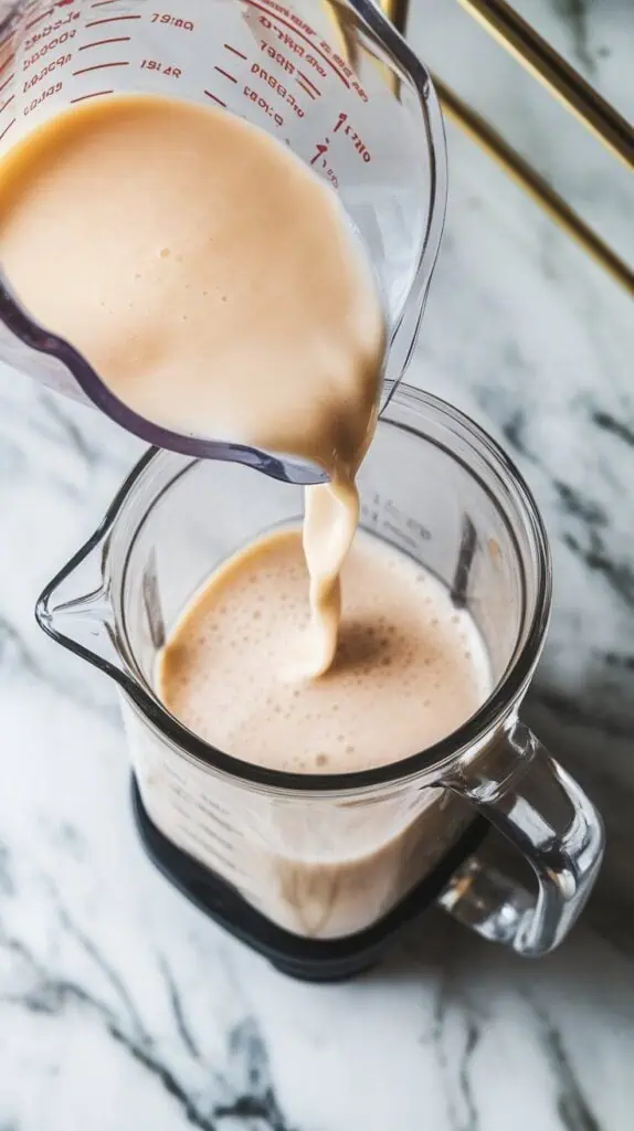  1 cup unsweetened almond milk being poured into a blender jar from a clear measuring cup, liquid mid-pour, small splash showing motion, white marble counters with hints of gold