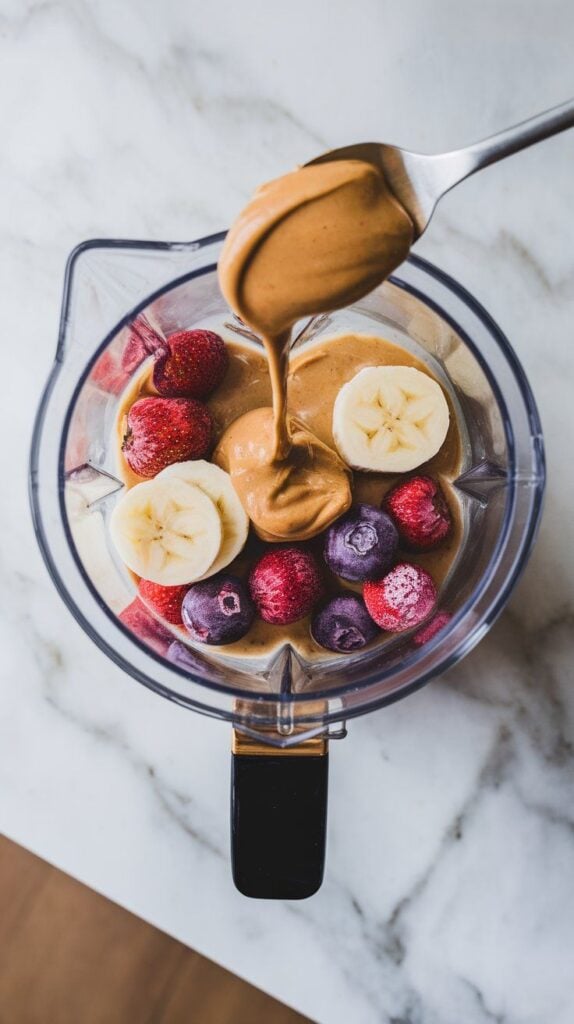 2 tablespoons of creamy peanut butter being scraped off a spoon into the blender, smooth texture pulling away, white marble counters with hints of gold, with all-natural lighting