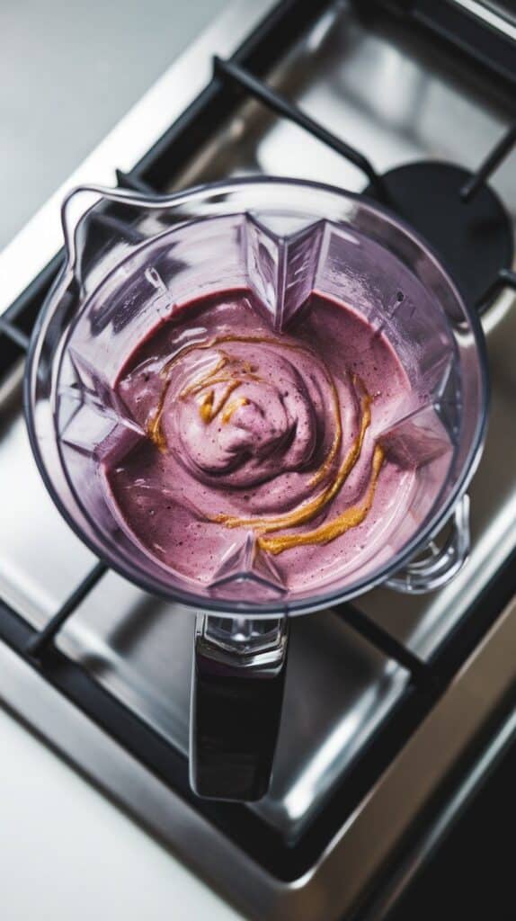 blender in action, creamy purple smoothie spinning with visible streaks of peanut butter and berry, thick texture swirling, on a modern stainless steel gas stove